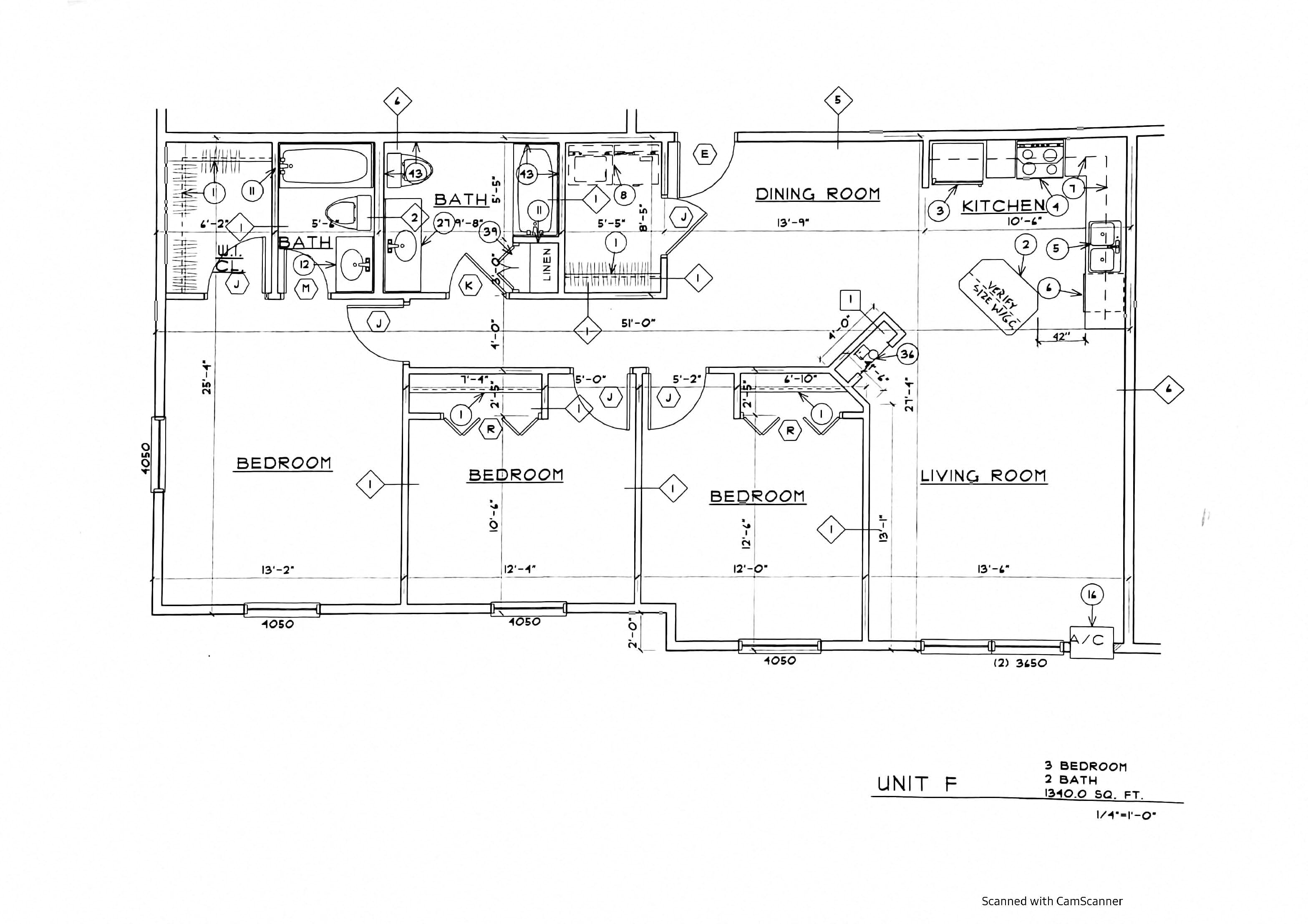 Floor plan for 3 beds, 2 baths, 1340 sqft
